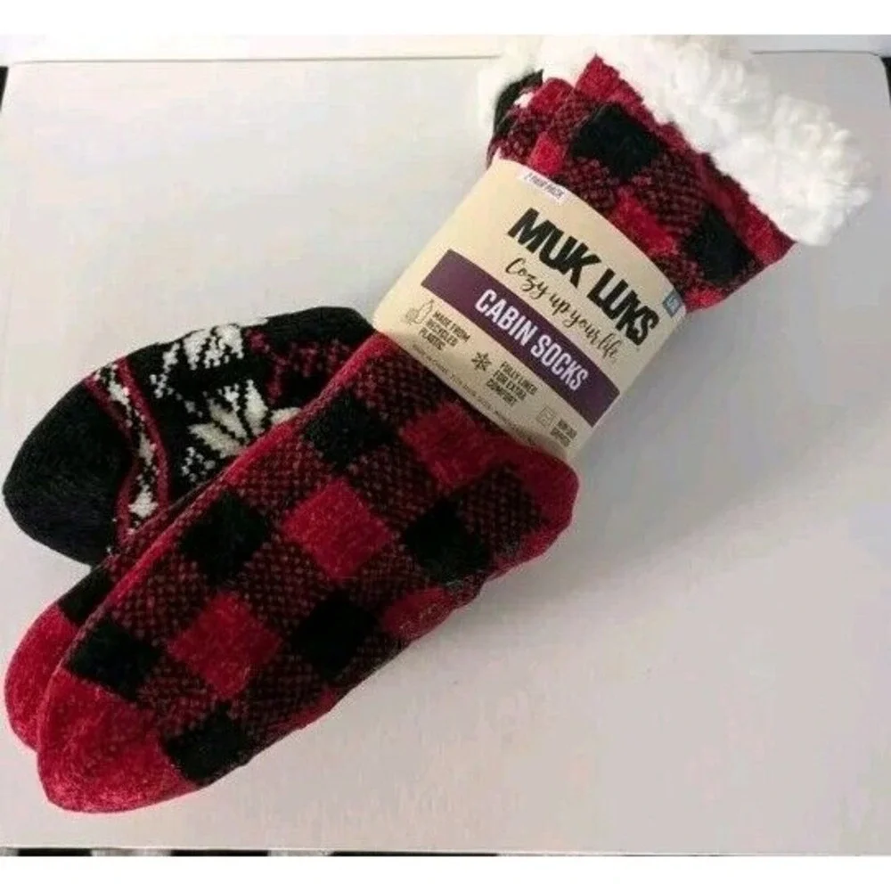 MUK LUKS Unisex Cabin Socks 2 pk L/XL 8-10 Red Black Buffalo Plaid Non Skid Grip